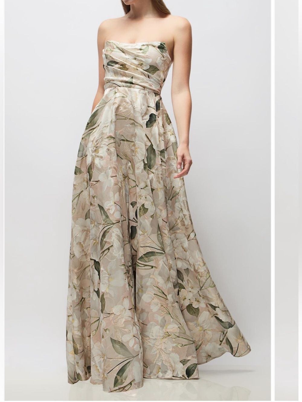 Dessy Collection Alden Metallic Plumeria Floral Strapless Organza Gown